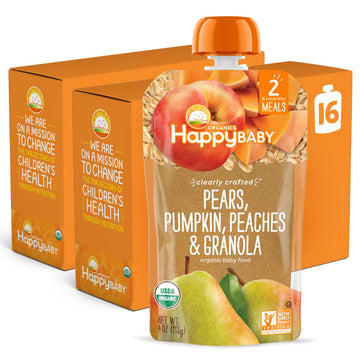 Happy Baby Organics Clearly Crafted Stage 2 Baby Food Pears, Pumpkin, Peaches & Granola, 4 Ounce Pouch (Pack Of 16)