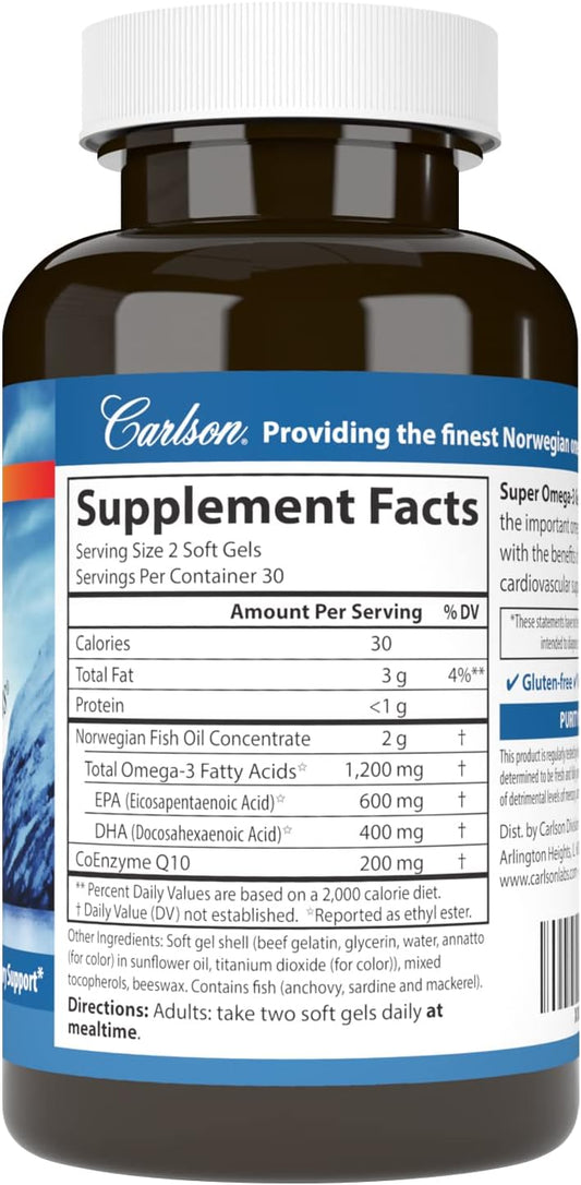 Carlson - Super Omega-3 Gems + CoQ10, 1200 mg Omega-3s 200 mg CoQ10, Circulation Function, Energy Production & Circulatory Support, 60 Softgels