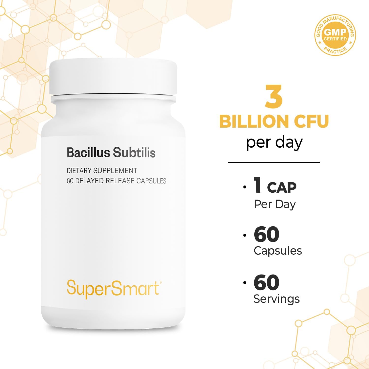 Supersmart - Bacillus Subtilis 3 Billion Cfu Per Day (High Potency) - Spore Probiotic Supplement | Non-Gmo & Gluten Free - 60 Dr Capsules : Health & Household