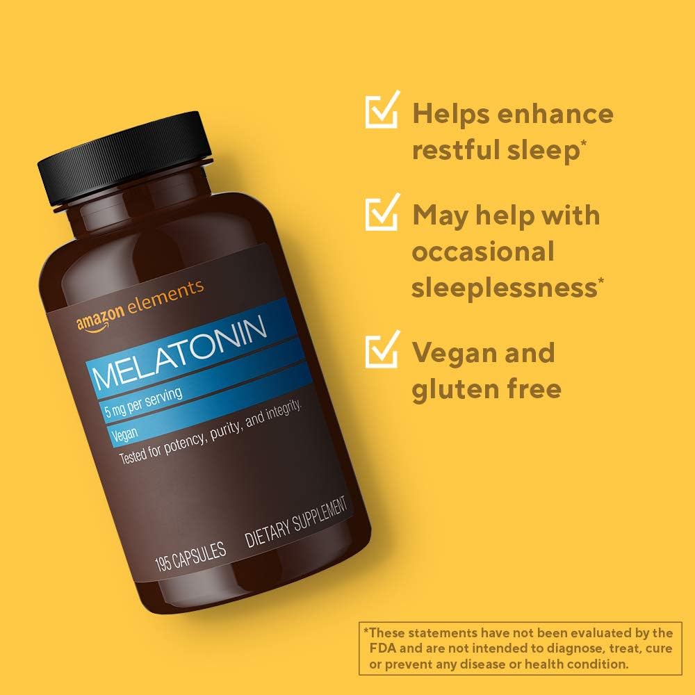 Amazon Elements - Melatonin 5mg Capsules, Helps with occasional sleeplessness, Vegan, Unflavored, 195 Count (Pack of 1), 6 month supply (Packaging may vary) : Health & Household