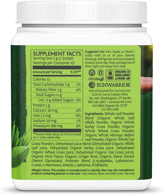 Sunwarrior Vegan Organic Greens Probiotic Powder | 2 Billion Cfu Probiotics Organic Raw Juice Soy Free Gluten Free Dairy Free Sugar Free Kosher | Mint 45 Servings | Ormus Supergreens