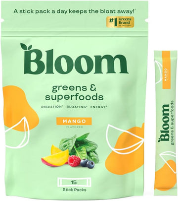 Bloom Nutrition Superfood Greens Powder Stick Packs, Digestive Enzymes With Probiotics And Prebiotics, Gut Health, Bloating Relief For Women, Chlorella, Green Juice Mix, 15 Svg, Mango