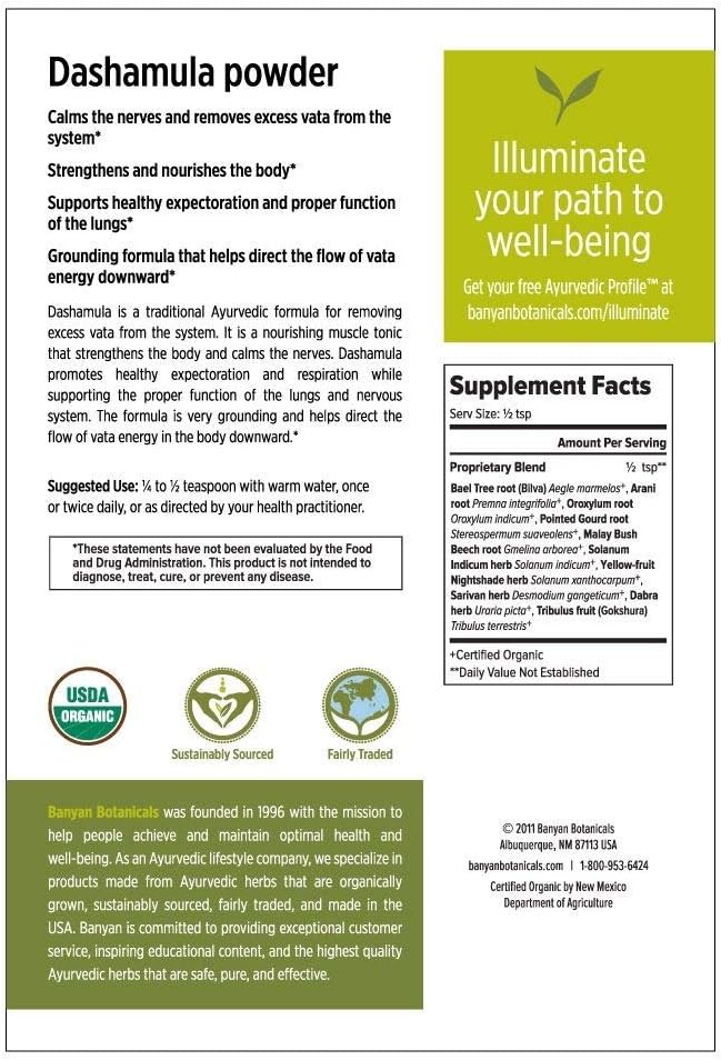 Banyan Botanicals Dashamula Powder - Certified Organic, 1/2  - A Traditional Ayurvedic Formula for pacifying vata and Supporting Proper Function of The Nervous System