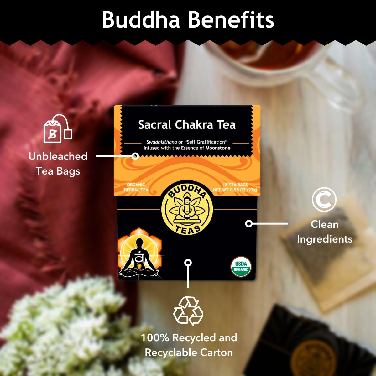 Buddha Teas - Sacral Chakra Tea - Organic Herbal Tea - For Creativity, Sensuality & Connection - With Calendula, Fennel, Damiana & Moonstone Essence - 100% Kosher & Non-Gmo - 18 Tea Bags (Pack Of 1)