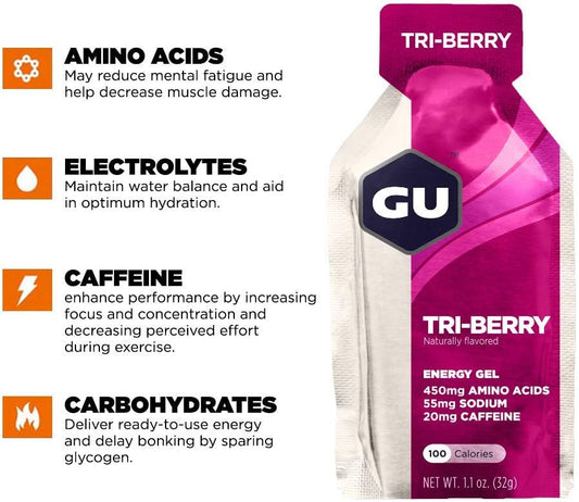 Gu Energy Original Sports Nutrition Energy Gel, Vegan, Gluten-Free, Kosher, And Dairy-Free On-The-Go Energy For Any Workout, 24-Count, Tri-Berry