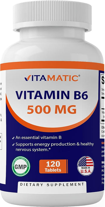 Vitamatic Vitamin B6 (Pyridoxine HCI), 500 mg 120 Vegetarian Tablets - Promotes Energy Production, boosts Metabolism and Immune Health Support