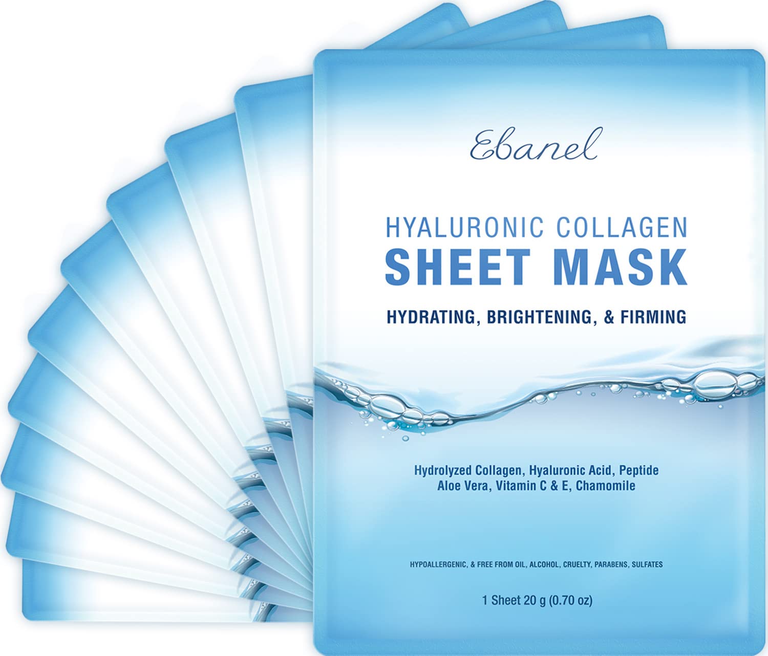Ebanel 10 Pack Collagen Face Mask, Instant Brightening & Hydrating Face Sheet Mask with Aloe Vera, Hyaluronic Acid, Vitamin C and E, Chamomile, Anti Aging Face Mask with Hydrolyzed Collagen, Peptide
