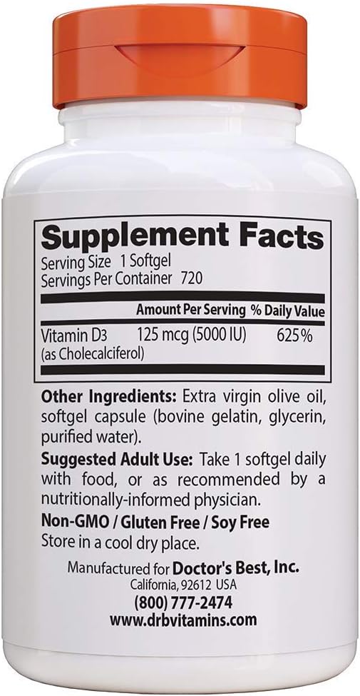 Doctor'S Best Vitamin D3 5, 000 Iu For Healthy Bones, Teeth, Heart & Immune Support, Non-Gmo, Gluten-Free, Soy Free, 720 Count (Pack Of 1)