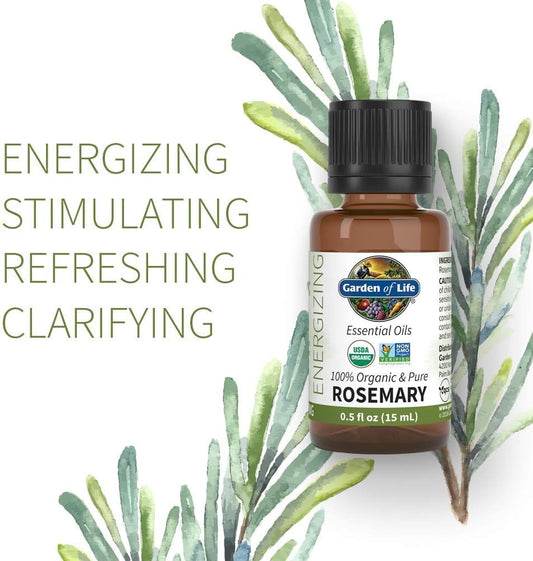 Garden Of Life Essential Oil, Rosemary 15 Ml, 100% Usda Organic & Pure, Undiluted & Non-Gmo - For Diffuser, Aromatherapy, Meditation - Energizing, Stimulating, Refreshing, Clarifying, 0.5 Fl Oz