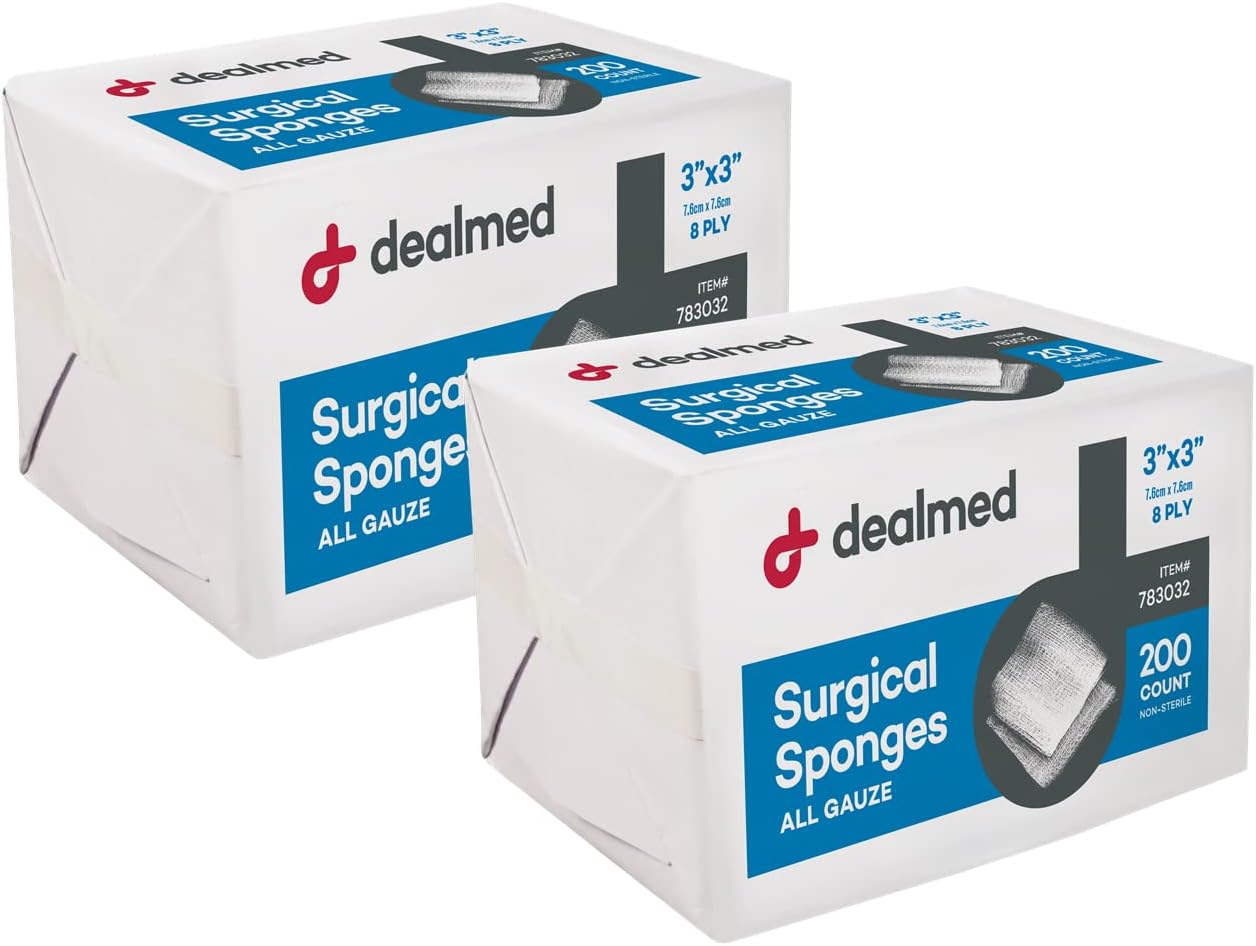 Dealmed 3" X 3" Surgical Sponges, 8-Ply, Non-Woven Absorbent Gauze Sponges For Wound Care, First Aid Kits And Medical Facilities, 200 Count (Pack Of 2)