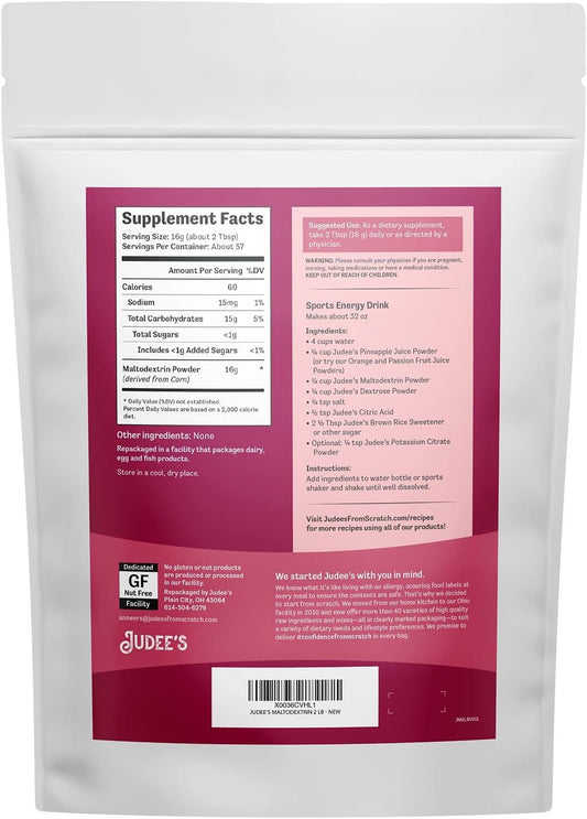 Judee's Maltodextrin Powder 2 lb - Just One Ingredient - Vegan and Made in USA - Add to Sports Energy Drinks or Protein Shakes - Gluten-Free and Nut-Free