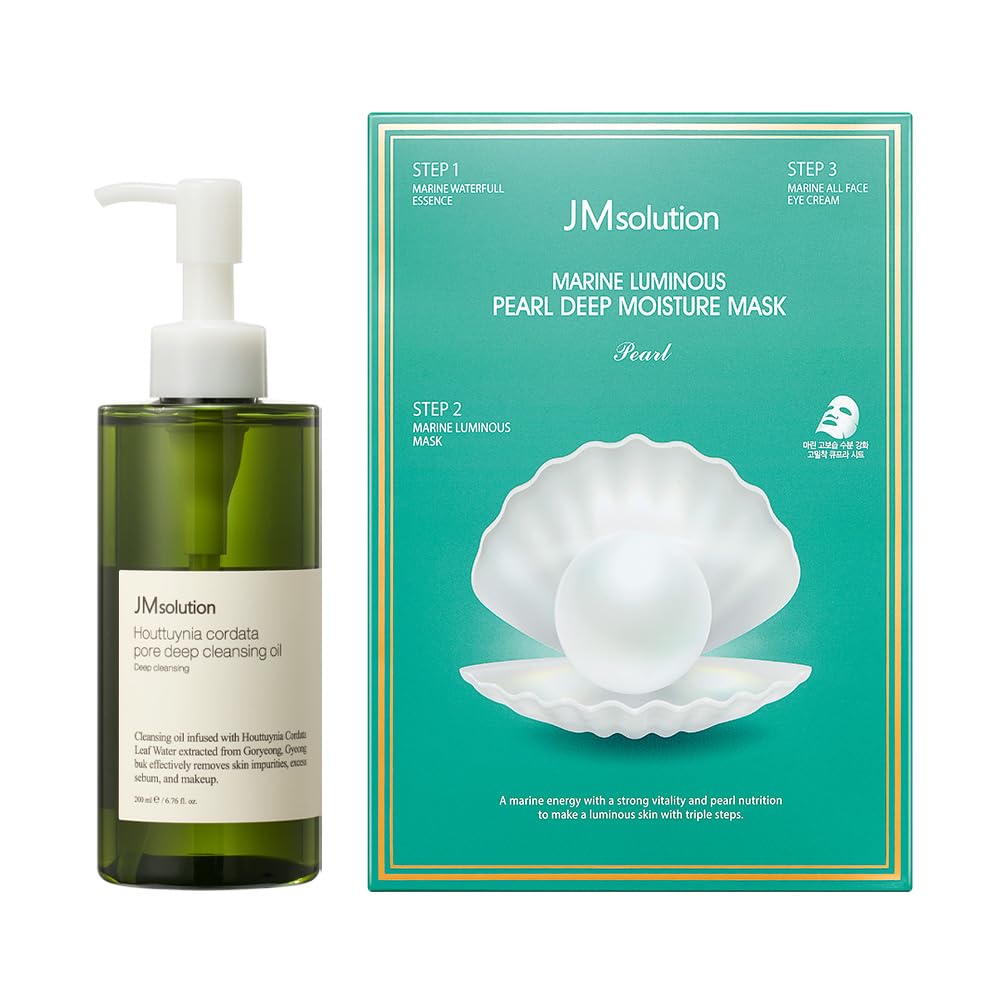 Jmsolution Skin Care Bundle- Heart Leaf Cleansing Oil With Marine Luminous Pearl Deep Moisture 3 Step Skin Care Face Mask
