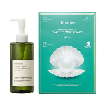 Jmsolution Skin Care Bundle- Heart Leaf Cleansing Oil With Marine Luminous Pearl Deep Moisture 3 Step Skin Care Face Mask