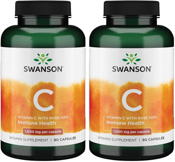 Swanson Vitamin C W/Rose Hips - Herbal Supplement Promoting Skin Health, Heart Health & Immune System Support - Natural Formula Promoting Protection & Wellness - (90 Capsules, 1000Mg Each) 2 Pack