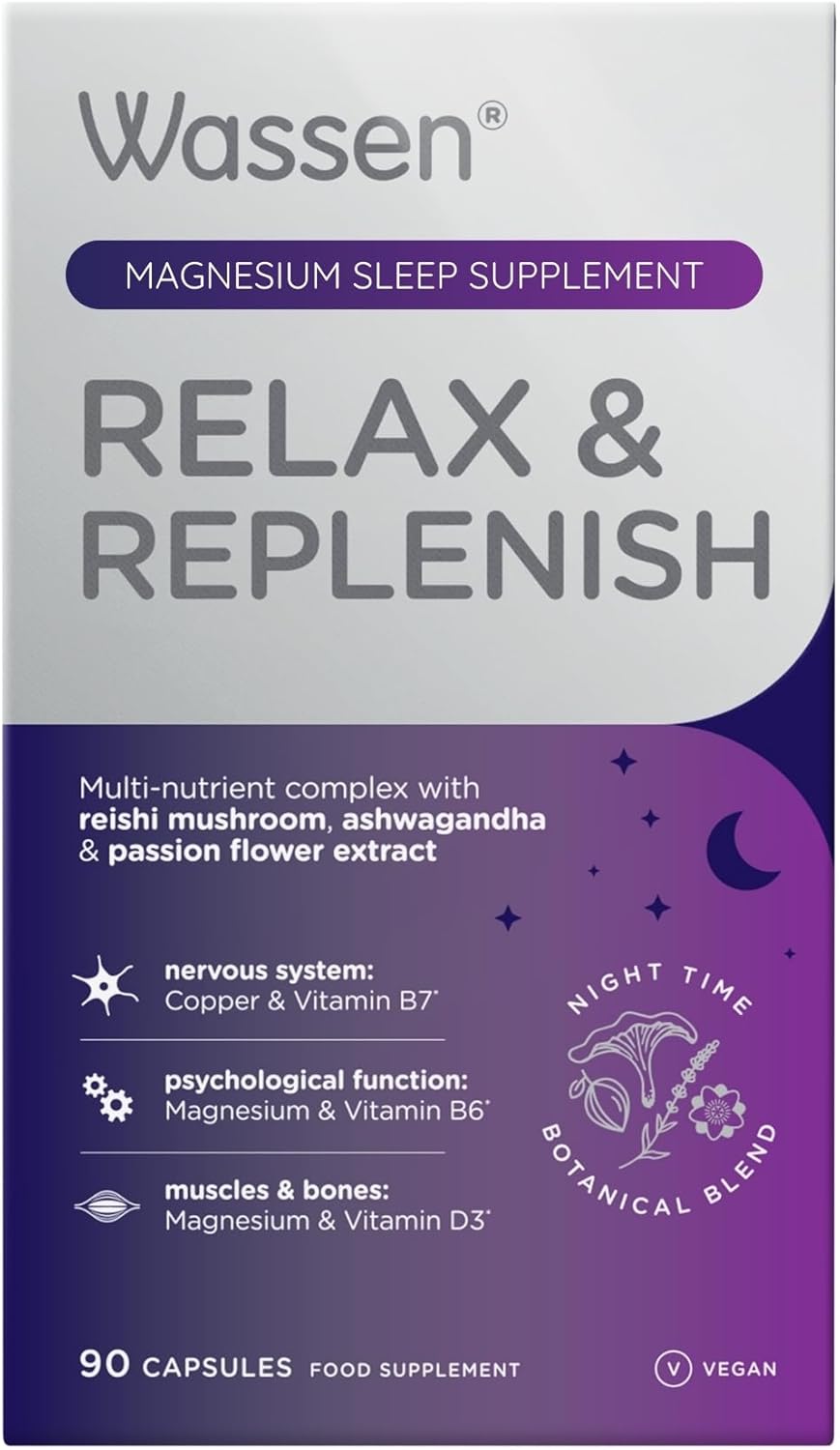 Wassen Relax & Replenish 90 Magnesium Capsules | Magnesium Sleep Supplements Supporting Psychological Function | Ashwagandha To Help Relaxation | Passion Flower Capsules | Reishi Mushroom & Lavender
