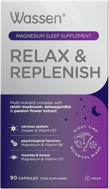 Wassen Relax & Replenish 90 Magnesium Capsules | Magnesium Sleep Supplements Supporting Psychological Function | Ashwagandha To Help Relaxation | Passion Flower Capsules | Reishi Mushroom & Lavender