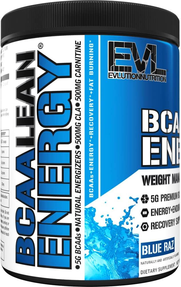 EVL BCAA Lean Energy Powder - Pre Workout Green Tea Fat Burner Support with BCAAs Amino Acids and Clean Energizers - BCAA Powder Post Workout Recovery Drink for Lean Muscle Recovery - Blue Raz : Health & Household