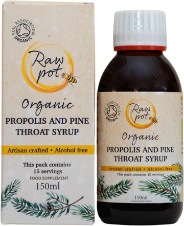 Raw Pot Organic Propolis And Pine Throat Syrup | 100% Pure Raw Bee Propolis Extract & Pine Oil - Soothing Relief For Coughs And Sore Throats – Flu & Cold Support, Alcohol-Free | Kids & Adults (150 Ml)