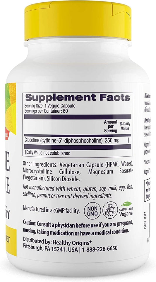Healthy Origins Cognizin (Citicoline), 250 mg - Brain Supplement for Memory with Citicoline CDP Choline - Non-GMO, Vegan & Gluten-Free Supplement - 60 Veggie Capsules