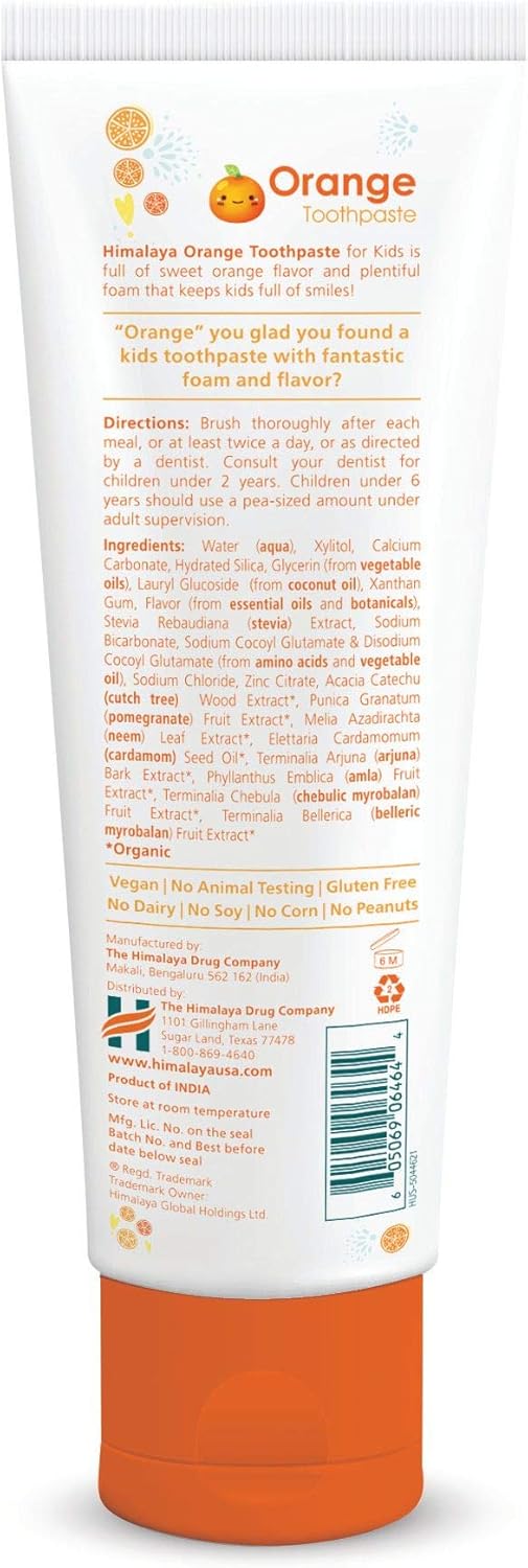 Himalaya Botanique Kids Toothpaste, Herbal, Orange Flavor, Fights Plaque, Fluoride Free, Gentle, No Artificial Flavors Or Colors, Sls Free, Gluten Free, Cruelty Free, Vegan, Foaming, 4 Oz, 2 Pack