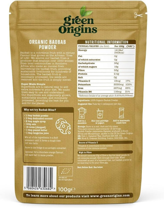 Green Origins Organic Baobab Powder 100g : Amazon.co.uk: Grocery