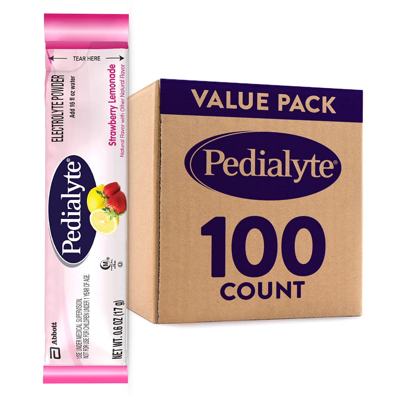 Pedialyte Electrolyte Powder Packets, Strawberry Lemonade, Hydration Drink, 100 Single-Serving Powder Packets