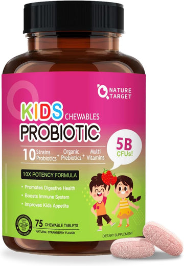 Kids Probiotic Chewable, 5 Billion Cfus Probiotics + Prebiotics For Kids Ages 3+, Kid Daily Probiotics For Digestive Health, Immune Support & Appetite Booster, Natural Strawberry Flavor, 75 Servings