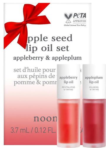 Nooni Vegan Appleseed Lip Oil Set - Appleberry & Appleplum | Lip Stain, With Apple Seed Oil, Long-Lasting, Lip Plumping, Gifts Set, For Chapped And Flaky Lips, Valentine Day Gifts, 0.12 Fl Oz X 2 Ea