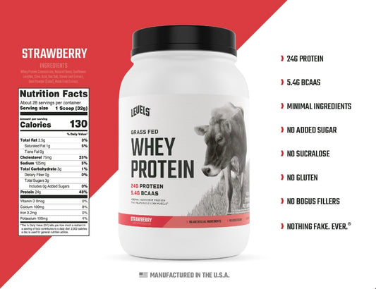 Levels Grass Fed 100% Whey Protein, No Hormones, Strawberry, 2LB