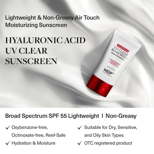 Mdp Hyaluronic Acid Uv Clear Sunscreen, Spf 55, Non-Sticky |1.35 Oz,Vegan, Moisturizing, Cooling, Hydrating, Lightweight, Air Touch Sunscreen, Long Lasting Protection