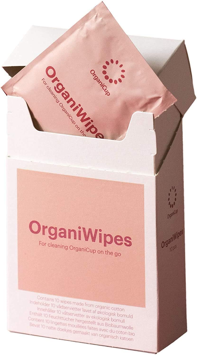 OrganiWipes – Organic Menstrual Cup Wipes 10pcs – Perfume-Free – Vegan - Individually Wrapped – Organic Cotton – Biodegradable - Not Offered in California