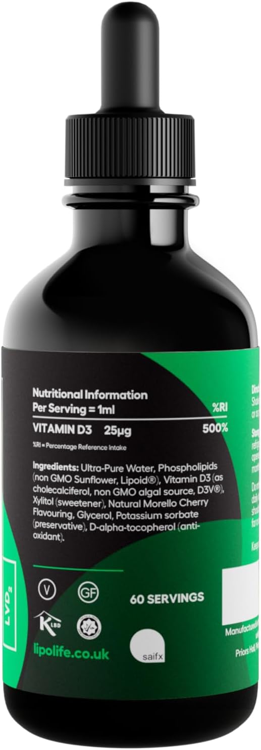 Liposomal Vegan Vitamin D3 Supplement | Highly Absorbable Plant Sourced D3 | Manufactured In Uk To Cgmp Standards | Lipolife | 60 Servings. 1000Iu. Lvd2