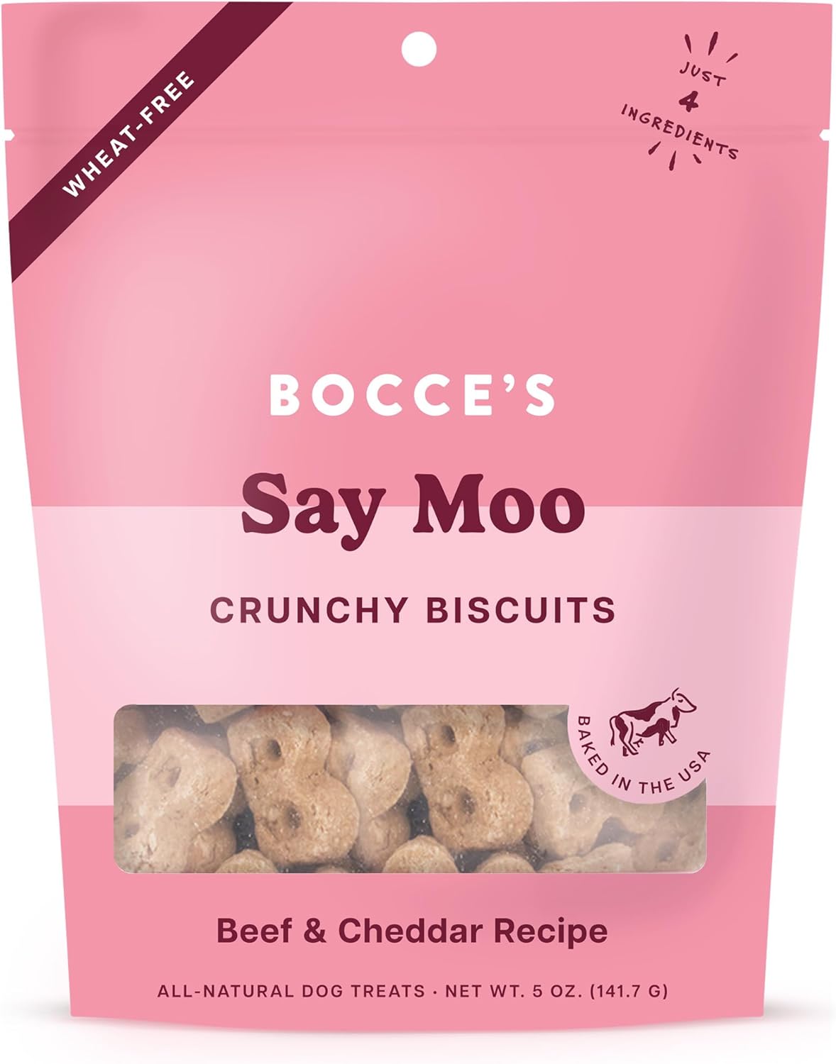 Bocce'S Bakery Oven Baked Say Moo Treats For Dogs, Everyday Wheat-Free Dog Treats, Made With Real Ingredients, Baked In The Usa, All-Natural Beef & Cheddar Biscuits, 5 Oz
