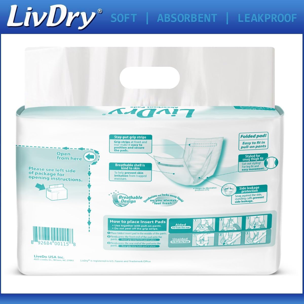 LivDry Incontinence Pads for Women and Men, Long Length Insert, Extra Absorbency with Odor Control (30 Count)