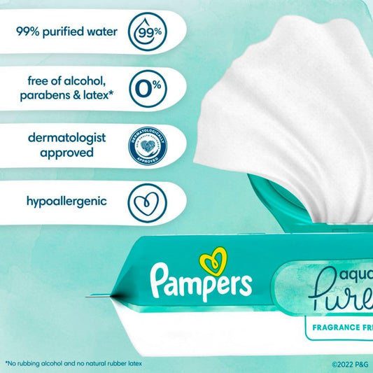 Pampers Baby Wipes Aqua Pure, 99% Water-Based Wipes, Hypoallergenic And Unscented Infant Wipe, 896 Total (16 Flip-Top Packs)