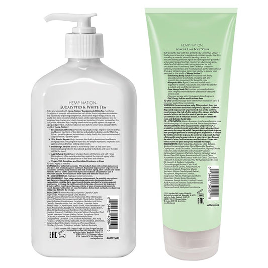 Australian Gold Hemp Nation White Peach & Hibiscus Bundle - Tan Extender Lotion (18 Fl Oz) And Agave & Lime Body Scrub (8 Fl Oz), Moisturizing Body Lotion And Body Exfoliating Scrub, Pure Hemp Oil