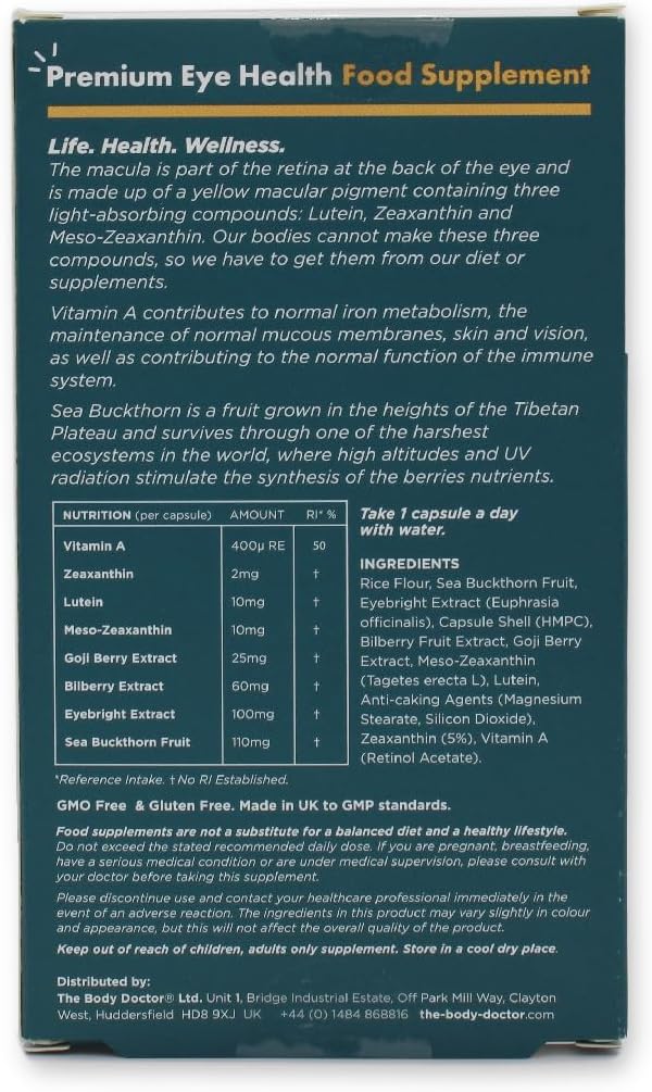 The Eye Doctor Dry Eye Supplement - 60 Vegan Capsules - Lutein, Zeaxanthin, Meso-Zeaxanthin, Vitamin A, Omega 3 6 7 9, Sea Buckthorn Fruit - Goji Berry & Bilberry Extract - Vision Health Support : Amazon.co.uk: Health & Personal Care