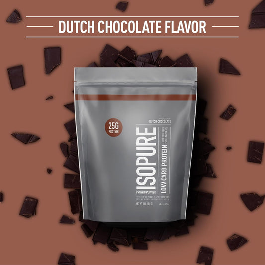 Isopure Low Carb 100% Pure Whey Isolate Protein Powder, Lactose Free, Gluten Free, With Vitamins, Dutch Chocolate, 25G Protein Per Serving, 1 Lb, 14 Servings