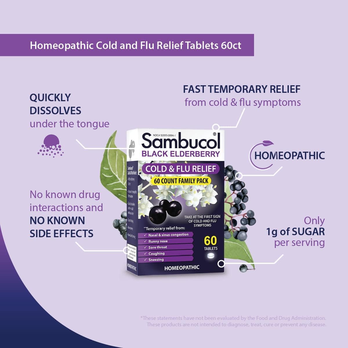 Sambucol Cold And Flu Relief Tablets - Homeopathic Cold Medicine, Cold Remedy For Adults, Black Elderberry For Colds, Zinc Cold Remedy - 30 Count : Health & Household