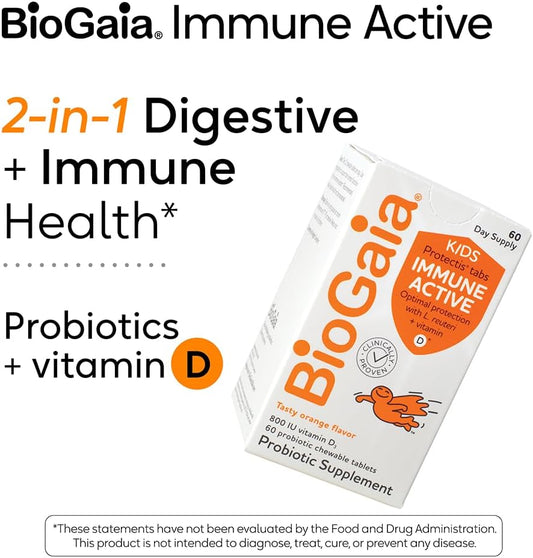 Biogaia Immune Active Kids | Probiotic + Vitamin D | For Digestive & Immune Health | Ages 3+ | Allergen, Dairy, Soy & Gluten Free | Trusted By Pediatricians | 60 Day Supply | Orange Flavored Chewable