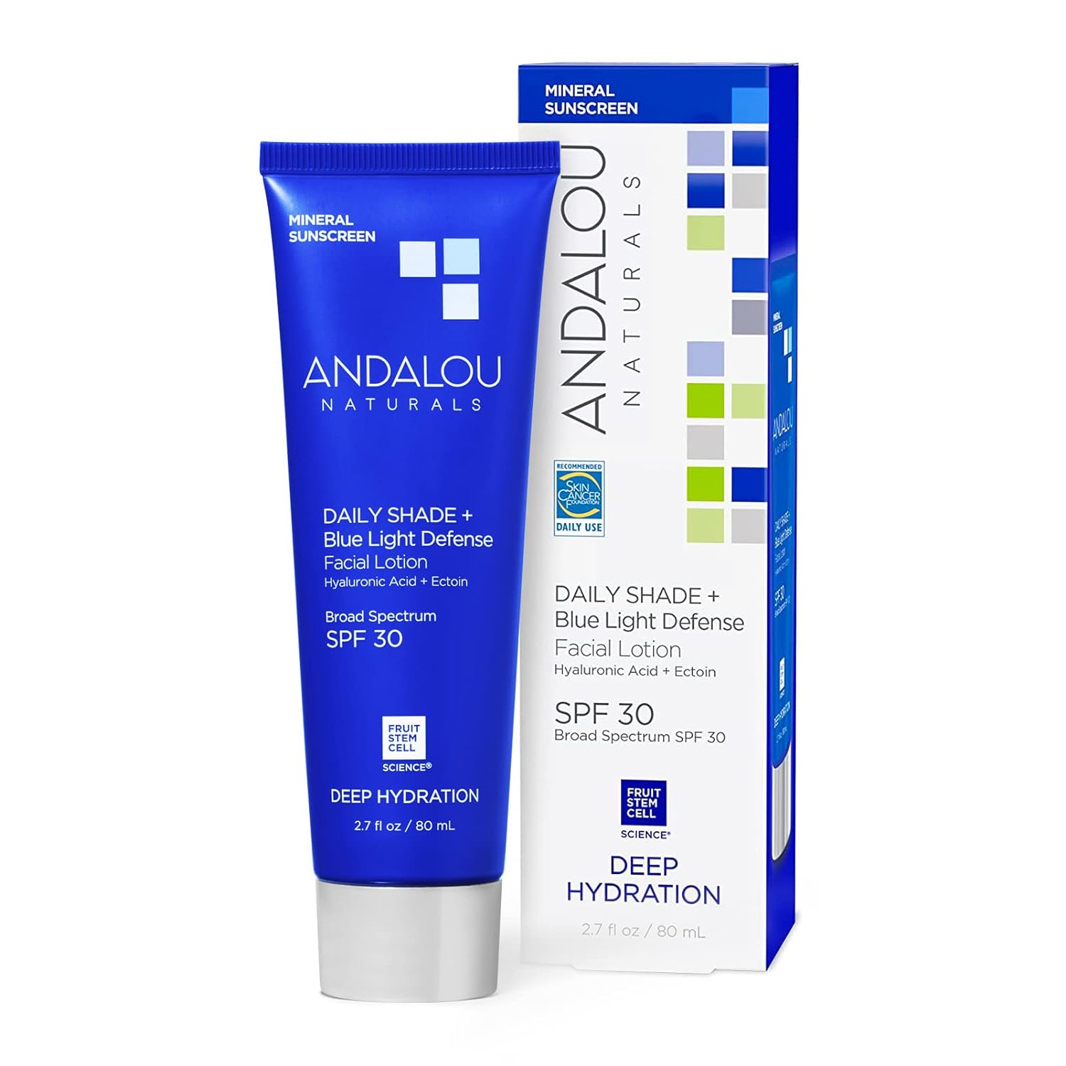 Andalou Naturals Face Sunscreen, SPF 30 Daily Shade + Blue Light Defense Facial Lotion, Broad Spectrum Protection, Deeply Hydrating Mineral Sun Block with Hyaluronic Acid & Zinc Oxide, 2.7 Fl Oz