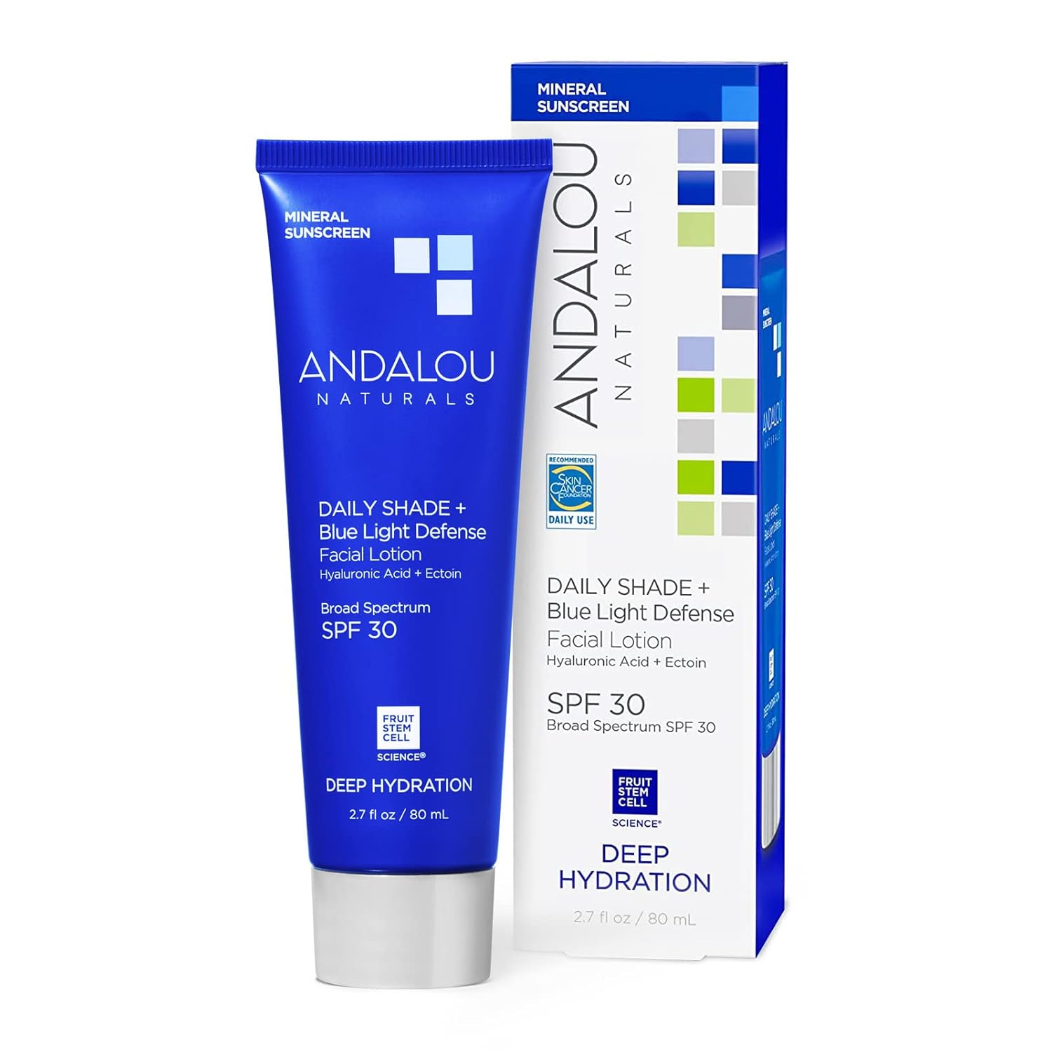 Andalou Naturals Face Sunscreen, Spf 30 Daily Shade + Blue Light Defense Facial Lotion, Broad Spectrum Protection, Deeply Hydrating Mineral Sun Block With Hyaluronic Acid & Zinc Oxide, 2.7 Fl Oz