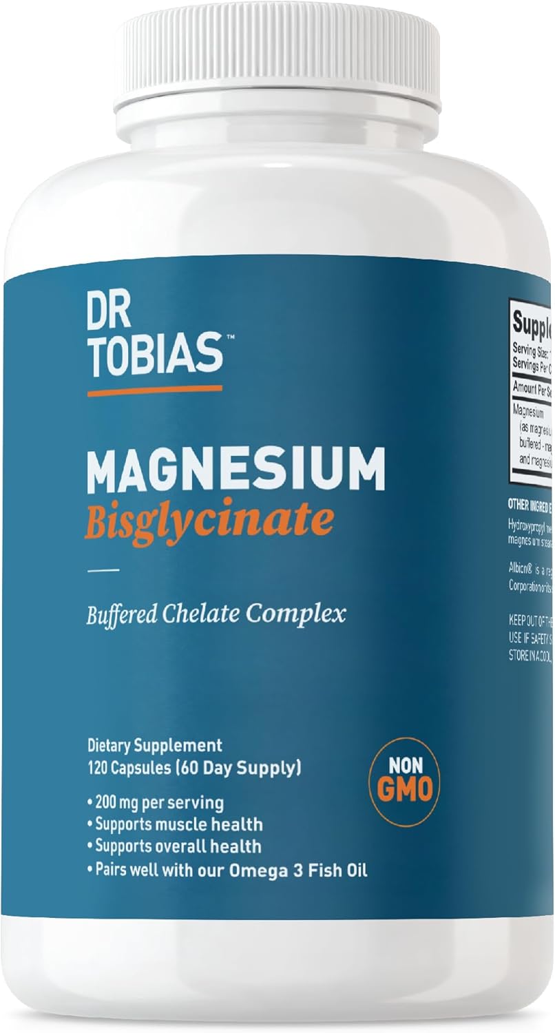 Dr. Tobias Magnesium Bisglycinate, High Absorption Magnesium Buffered Chelate Complex, 200 Mg Per Capsule, Supports Energy, Muscle, Bone & Joint Health, Non-Gmo Magnesium Supplement, 120 Capsules