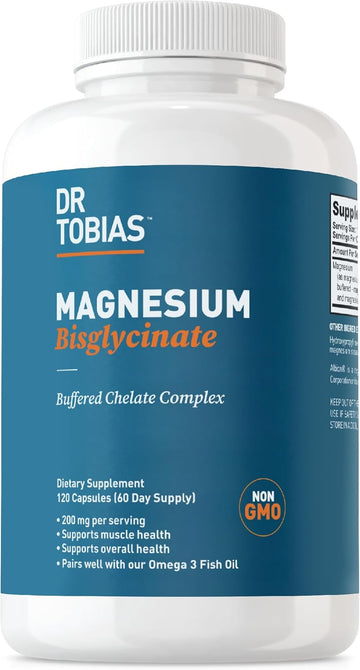 Dr. Tobias Magnesium Bisglycinate, High Absorption Magnesium Buffered Chelate Complex, 200 Mg Per Capsule, Supports Energy, Muscle, Bone & Joint Health, Non-Gmo Magnesium Supplement, 120 Capsules