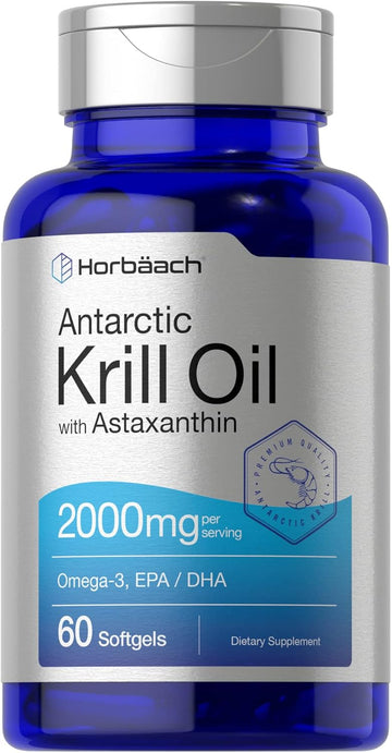 Horbäach Antarctic Krill Oil 2000Mg | 60 Softgel Capsules | Omega-3, Epa, Dha Supplement | With Astaxanthin | Non-Gmo, Gluten Free