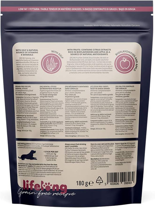 Amazon Brand - Lifelong Grain Free Recipe Dental Sticks for Medium and Large Breed Dogs, Chicken, 180g, Pack of 6?ESP50062005