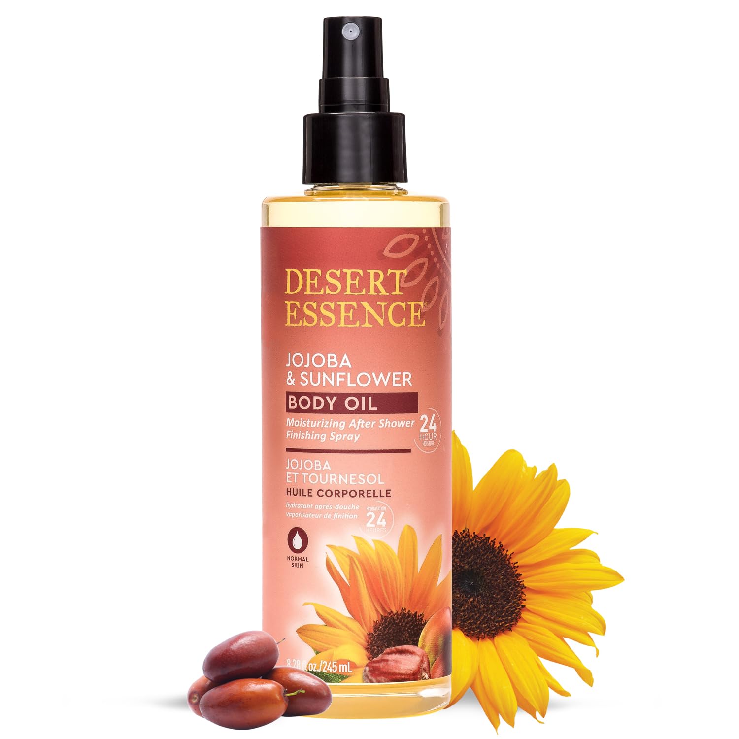 Desert Essence, Jojoba & Sunflower Body Oil Spray, 8.28 Fl. Oz. - Gluten-Free, Vegan, Cruelty Free - 24Hour Moisture, Soothes Skin, Perfect For Sensitive Skin, Illuminating Body Spray