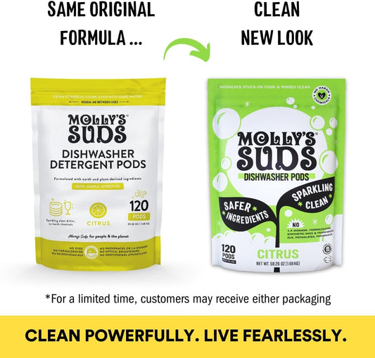 Molly's Suds Dishwasher Pods | Natural Dishwasher Detergent, Cuts Grease & Rinses Clean (Residue-Free) for Sparkling Dishes | 120 Auto-Release Tabs (Citrus)