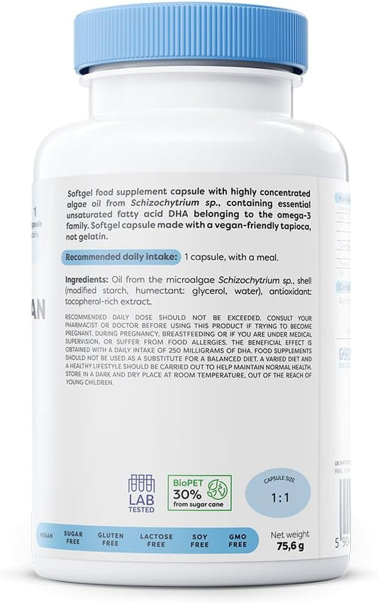 Osavi Omega–3 Vegan, 250 Mg Dha – 120 Softgels | Highly Concentrated Algae Oil From Schizochytrium Sp. | Supports Brain, Vision & Heart Health | Vegan–Friendly Tapioca Softgel
