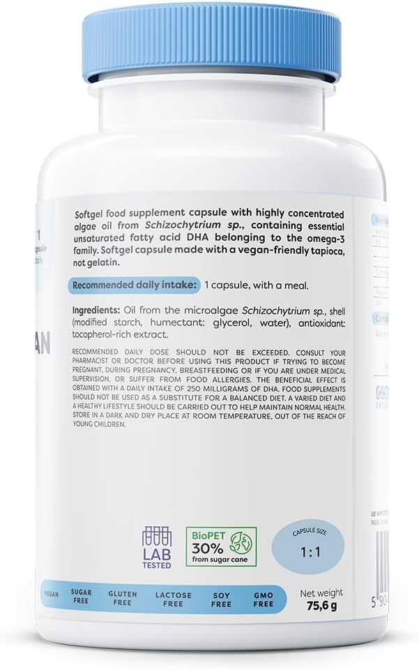 Osavi Omega–3 Vegan, 250 Mg Dha – 60 Softgels | Highly Concentrated Algae Oil From Schizochytrium Sp. | Supports Brain, Vision & Heart Health | Vegan–Friendly Tapioca Softgel